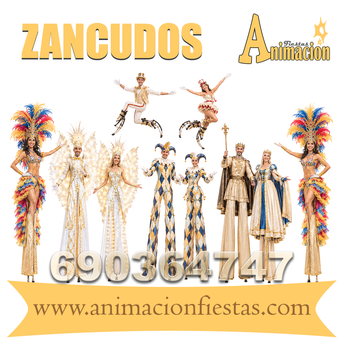Zancudos, zancos y zanquistas para animación de fiestas y pasacalles.